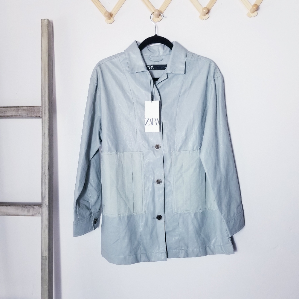 NWT ZARA FAUX LEATHER OVERSIZED GRAYISH BLUE JACKET SIZE SMALL
